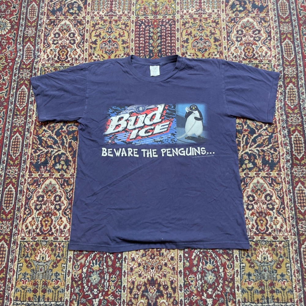 VTG 1996 Bud Ice Beware the Penguins T-Shirt Wild Oats Navy XL Brand Promo USA